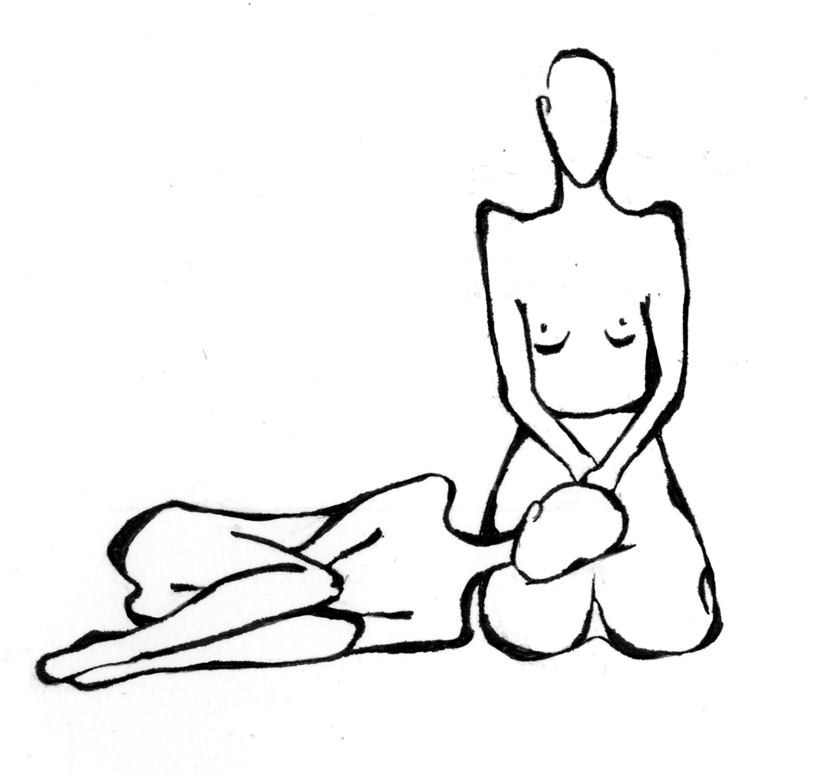 Une silhouette féminine est allongée et à la tête posée sur les jambes d'une autres silhouette féminine, agenouillée. Dessin par @Ronja Mueho.