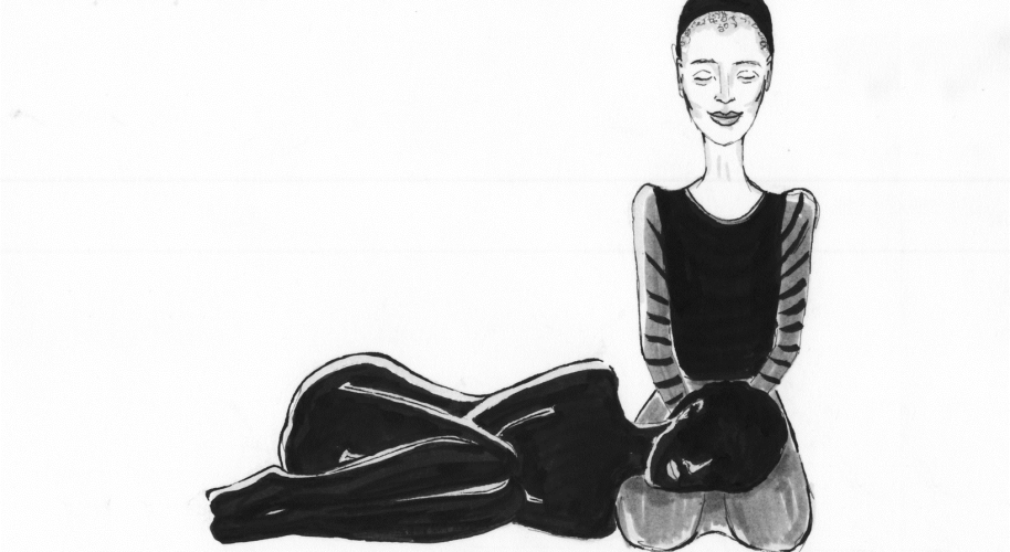 une femme noire est recroquevillée, couchée, la tête sur les jambes d'une autre femme. Dessin noir et blanc de Ronja Mueho.